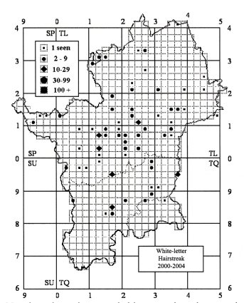 2000-2004 White-letter Hairstreak Distribution in Hertfordshire & Middlesex